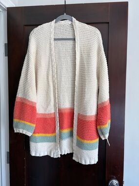 Marine Layer Cream Open-Front Cardigan with Coral, Yellow & Gray Stripes